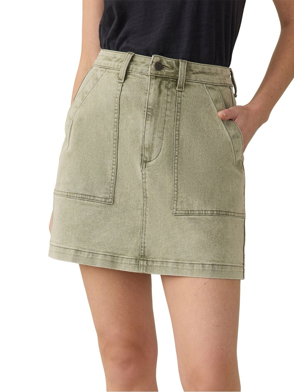 NEW FAHERTY sunwashed denim utility skirt in olive haze, 2